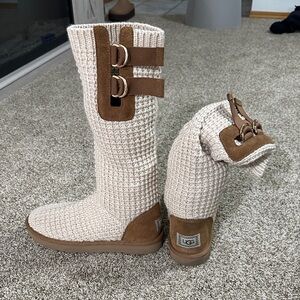 UGG Cream and Tan Knit Boots with Buckle